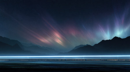 A stunning view of a night sky illuminated by colorful auroras over a majestic mountain range, creating a serene and mystical atmosphere. Perfect for nature enthusiasts.の素材
