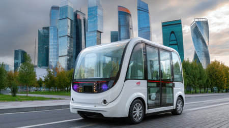 A sleek, autonomous shuttle stands on a city street amidst striking modern skyscrapers, showcasing innovative design in urban transportation.の素材