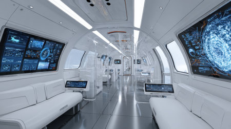 Explore a stunning futuristic space interior showcasing sleek white seating and advanced technology displays, creating an innovative and modern environment.の素材