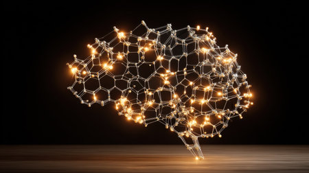This artistic representation of a brain combines glowing lights and geometric shapes, symbolizing intelligence and creativity in a digital world.の素材