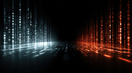 An abstract digital background featuring glowing binary code in red and blue colors. This design symbolizes technology, data flow, and innovation in a modern aesthetic.の素材