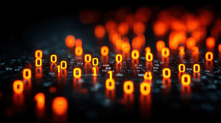 This abstract image features glowing orange binary numbers set against a dark backdrop, symbolizing technology and digital data representation in modern computing.の素材