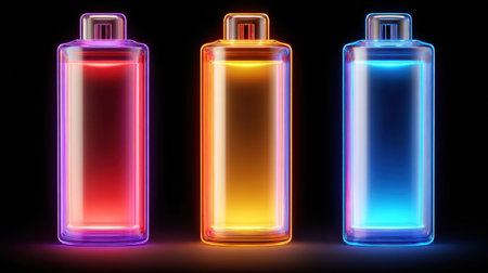 These vibrant, neon-colored battery illustrations feature glowing effects in blue, orange, and red, representing energy and technology themes. Perfect for digital and graphic design projects!の素材
