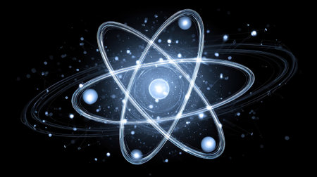 This digital illustration presents a captivating visualization of an atom structure, featuring radiant particles and energy waves set against a dark background, perfect for science and technology themes.の素材