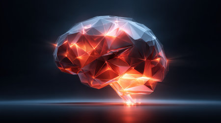 This vibrant 3D rendering features an abstract brain model made of geometric facets, radiating warm red and orange tones, set against a dark background.の素材