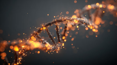 This abstract image features a glowing DNA strand adorned with shimmering particles, symbolizing the intricate world of genetics and biotechnology. The design evokes innovation and represents scientific research.の素材