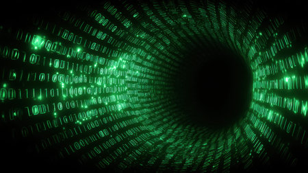 This image showcases a mesmerizing tunnel filled with flowing green binary code, creating a futuristic representation of technology and digital space.の素材