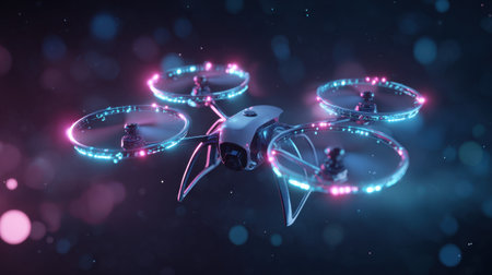 This image features a sleek drone illuminated with vibrant neon lights, soaring through an abstract background filled with bokeh effects, showcasing modern technology and innovation.の素材