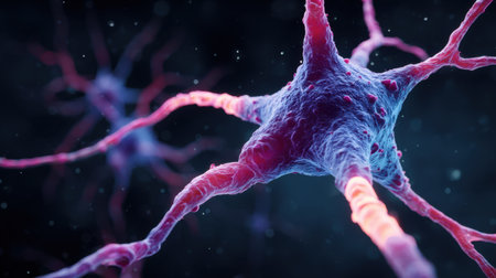 This captivating image showcases the intricate structure of a neuron, highlighting vibrant colors and detailed connections, perfect for educational and scientific use.の素材