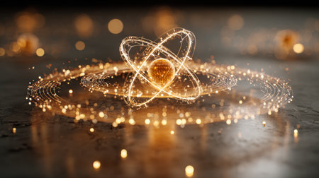 A captivating visualization of an atomic structure radiating golden light particles, perfect for science and technology projects, educational materials, or innovative presentations.の素材