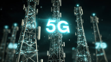 This captivating image showcases a network of communication towers illuminated with a neon glow, symbolizing the cutting-edge technology of 5G in a sleek urban setting.の素材