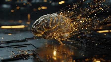 A stunning representation of a brain composed of glowing particles, symbolizing the fusion of technology and human intelligence in a digital context.の素材