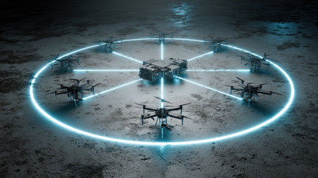 This striking image showcases a group of drones arranged in a circular formation, illuminated by vibrant neon lights, set against a dark backdrop, highlighting innovation.の素材
