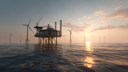 An awe-inspiring offshore wind farm showcases modern turbines against a colorful sunset sky. The tranquil water reflects innovation in renewable energy.の素材