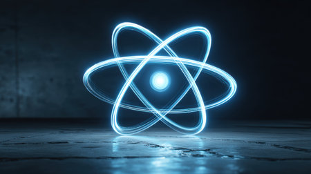 This striking visual showcases a glowing atomic symbol surrounded by energetic lines, set against a dark background, symbolizing science and technology.の素材