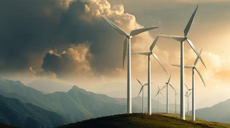 This image captures a stunning scene of wind turbines on a hilltop, surrounded by majestic mountains under a dramatic sky. The sunset casts a warm glow over the landscape, highlighting the commitment to renewable energy and sustainability.の素材