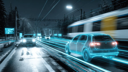 This captivating image depicts a futuristic urban scene at night, showcasing digital cars and a high-speed train surrounded by vibrant neon lights and motion blur effects.の素材