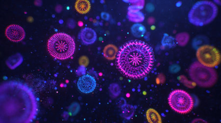 This mesmerizing image showcases a colorful abstract depiction of microorganisms, highlighted by glowing elements and bubbles, creating a dynamic visual experience.の素材