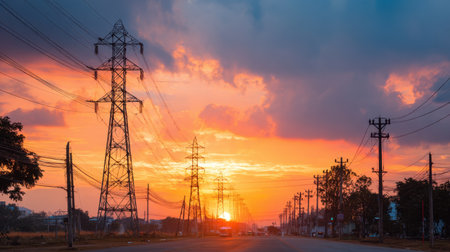 A captivating sunset landscape featuring electricity pylons standing tall along a quiet road. The vibrant sky displays a mix of warm colors and dramatic cloud patterns, creating a tranquil and picturesque scene.の素材