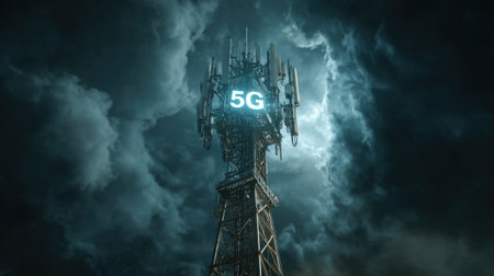 A striking image of a 5G cell tower illuminated against a backdrop of dark, swirling storm clouds. The scene emphasizes the advanced technology of modern communication in an ominous setting.の素材