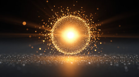 This captivating image features a glowing golden sphere radiating light and surrounded by sparkling particles, set against a dark background.の素材