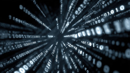 This striking abstract background features flowing binary code with light effects, symbolizing data transmission and information processing in a digital world.の素材