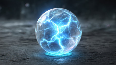 This image features a glowing electric sphere showcasing vibrant blue lightning effects, set against a dark background, ideal for themes of technology and fantasy.の素材