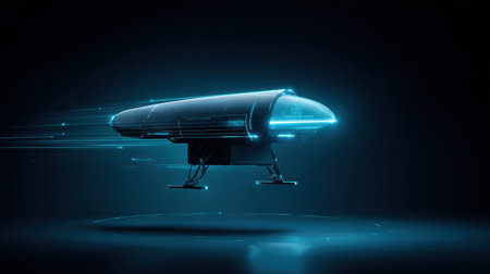 This image showcases a futuristic flying vehicle, illuminated by vibrant blue light and designed for high speed, set against a dark background.の素材