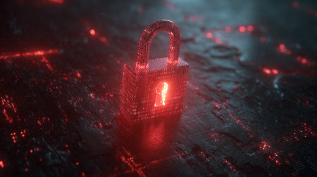 This striking digital image features a glowing lock in a binary landscape, representing cyber security and data protection in the modern digital age.の素材