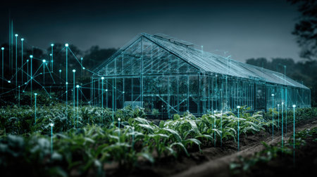 A modern glass greenhouse set in an agricultural landscape, enhanced with digital visualizations and technology elements, representing the future of farming.の素材