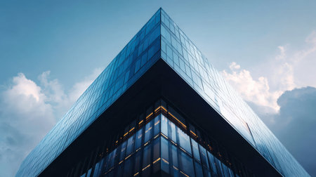 Captivating view of a modern corporate building featuring a sleek glass facade set against a dramatic sky with clouds, highlighting urban elegance.の素材
