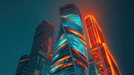 A captivating view of a modern urban skyline featuring sleek glass towers illuminated by vibrant neon lights at night, showcasing futuristic architecture.の素材