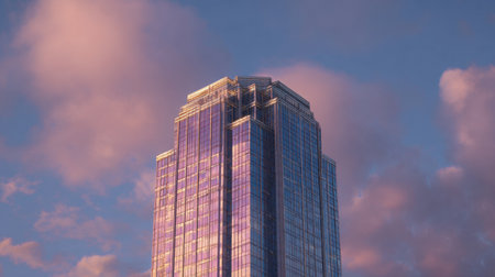 A striking modern skyscraper rises against a backdrop of a colorful cloudy sky during sunset, showcasing its reflective glass facade and vibrant city vibes.の素材