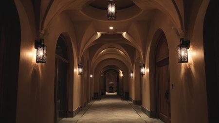 This image captures a beautifully designed corridor featuring elegant arches and soft lighting from decorative lanterns, evoking a tranquil atmosphere.の素材