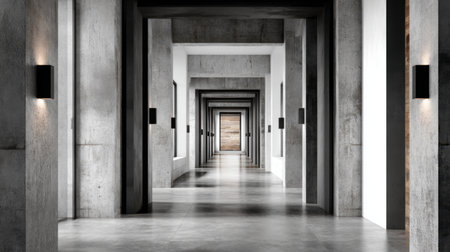 A modern minimalist interior hallway showcasing concrete walls and elegant lighting features, creating a serene and inviting atmosphere for various spaces.の素材