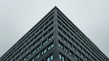 This image captures a modern building with a sharp corner and angular design under a moody, cloudy sky. The sleek facade features large glass windows, showcasing minimalistic architecture and contemporary urban aesthetics.の素材