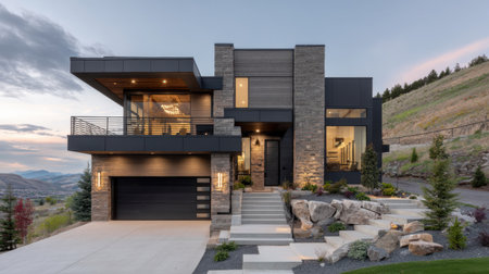 This stunning modern home features a striking stone facade and elegant architecture, set against a tranquil mountain backdrop during twilight.の素材