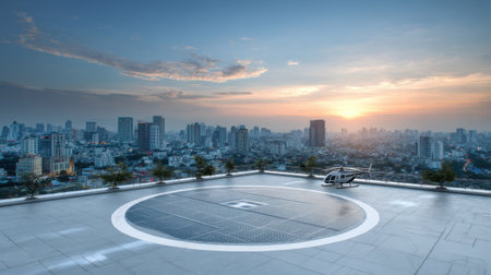 A breathtaking image capturing a helicopter on a helipad, overlooking a vibrant city skyline at sunset. The dramatic sky adds to the serene atmosphere.の素材