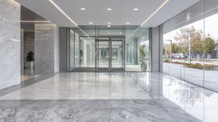 A stunning modern lobby featuring glossy marble floor and expansive glass walls. The design combines elegance and functionality, creating a bright and inviting atmosphere.の素材