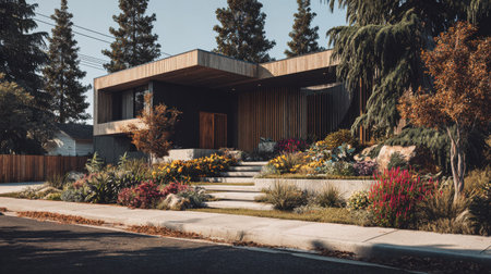 A stunning modern home showcasing contemporary architectural design, surrounded by a vibrant landscaped garden and inviting outdoor space in a serene suburb.の素材
