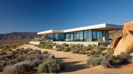 A stunning modern house featuring a glass facade, situated in a serene desert landscape with boulders, showcasing seamless integration with nature.の素材