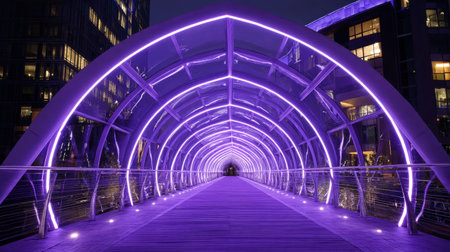 This stunning image showcases a modern pedestrian bridge at night, illuminated with vibrant purple lights. The unique architectural design fosters a captivating urban atmosphere.の素材