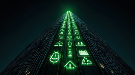 A striking view of a modern skyscraper illuminated by green digital icons, representing sustainability, technology, and innovative urban design.の素材