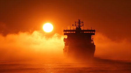 A stunning silhouette of a ship gliding through misty waters at sunset. The vibrant colors and serene atmosphere evoke a sense of adventure and tranquility.の素材