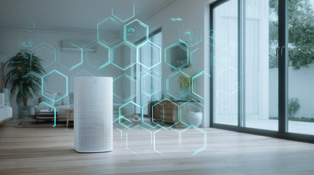 A contemporary air purifier stands in a bright living space, surrounded by hexagonal graphics showcasing air quality metrics, symbolizing health and innovation.の素材