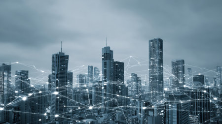 A captivating urban skyline at night, featuring towering buildings illuminated by a network of digital connections, symbolizing technological innovation and connectivity.の素材