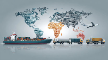 This image illustrates global logistics and transportation, featuring a cargo ship, trucks, and an airplane against a world map, emphasizing trade and connectivity.の素材