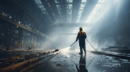 A worker in safety gear operates a pressure washer in an industrial environment, surrounded by dramatic light and mist, creating an atmospheric scene.の素材
