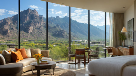 This image captures a serene mountain view framed by large glass windows in a modern and cozy interior, highlighting natural light and elegant decor.の素材