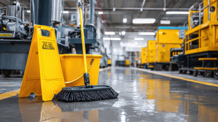 A cleaning setup in an industrial warehouse featuring a broom, bucket, and wet floor sign, highlighting cleanliness and safety in the environment.の素材